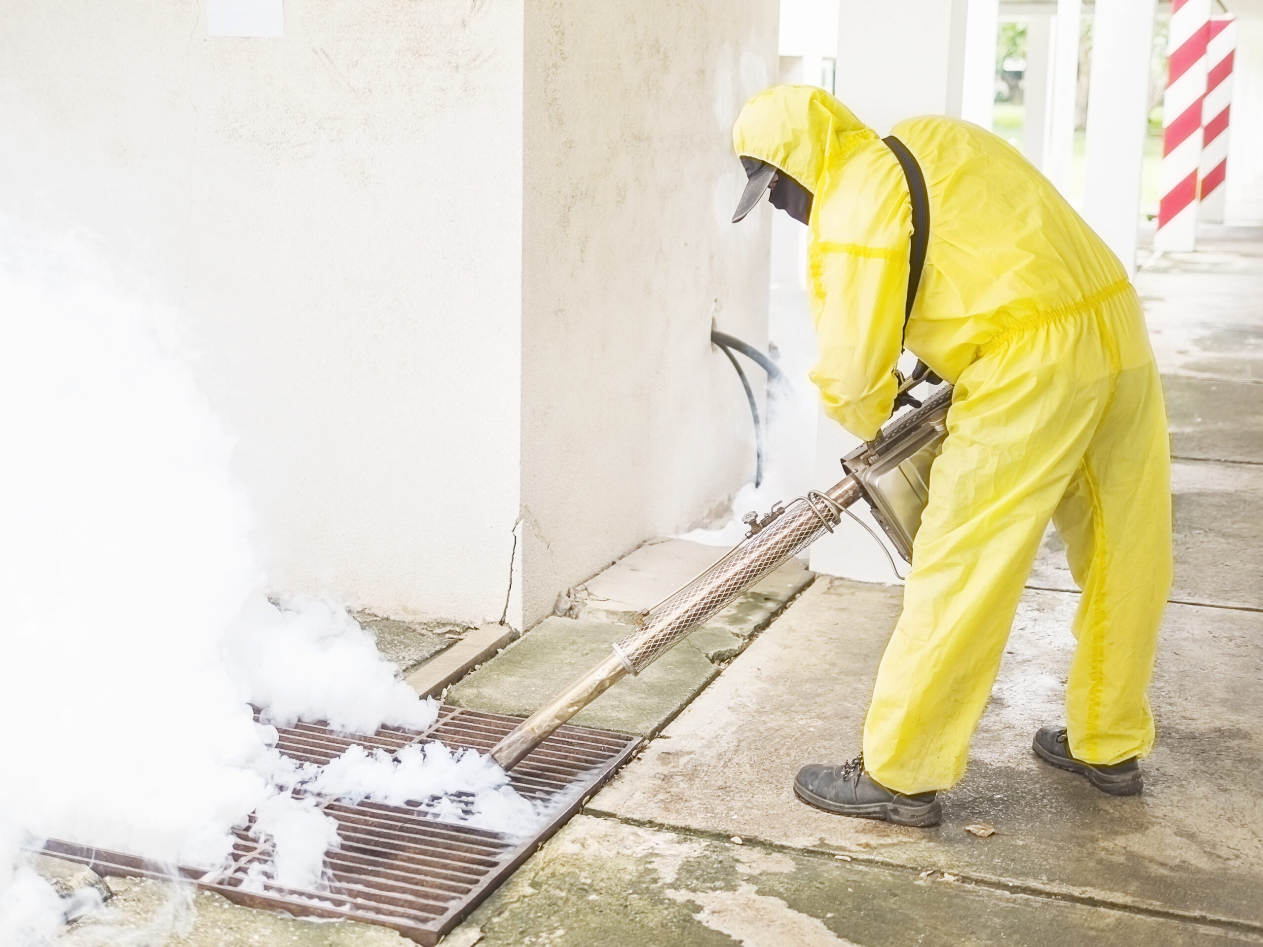 Man is using thermal fog machine to protect mosquito spreading